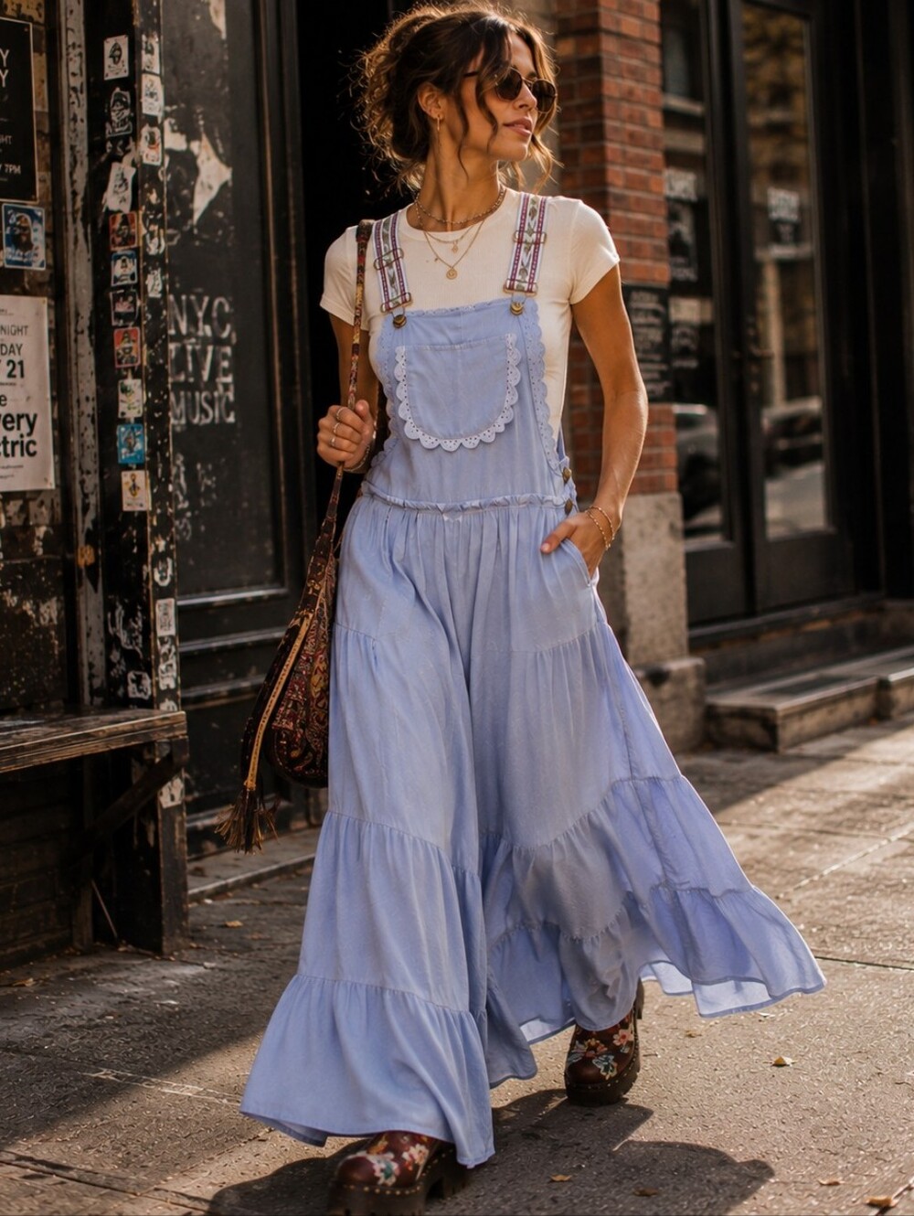 NWT Light Lavender Blue Embroidered Ruffle Wide Leg Overall Jumpsuit M